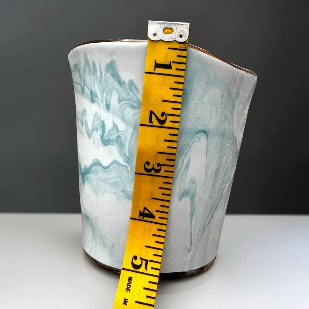 Small Blue Marble Porcelain Cachepot Planter | White & Aqua Swirl Vase Gold Trim